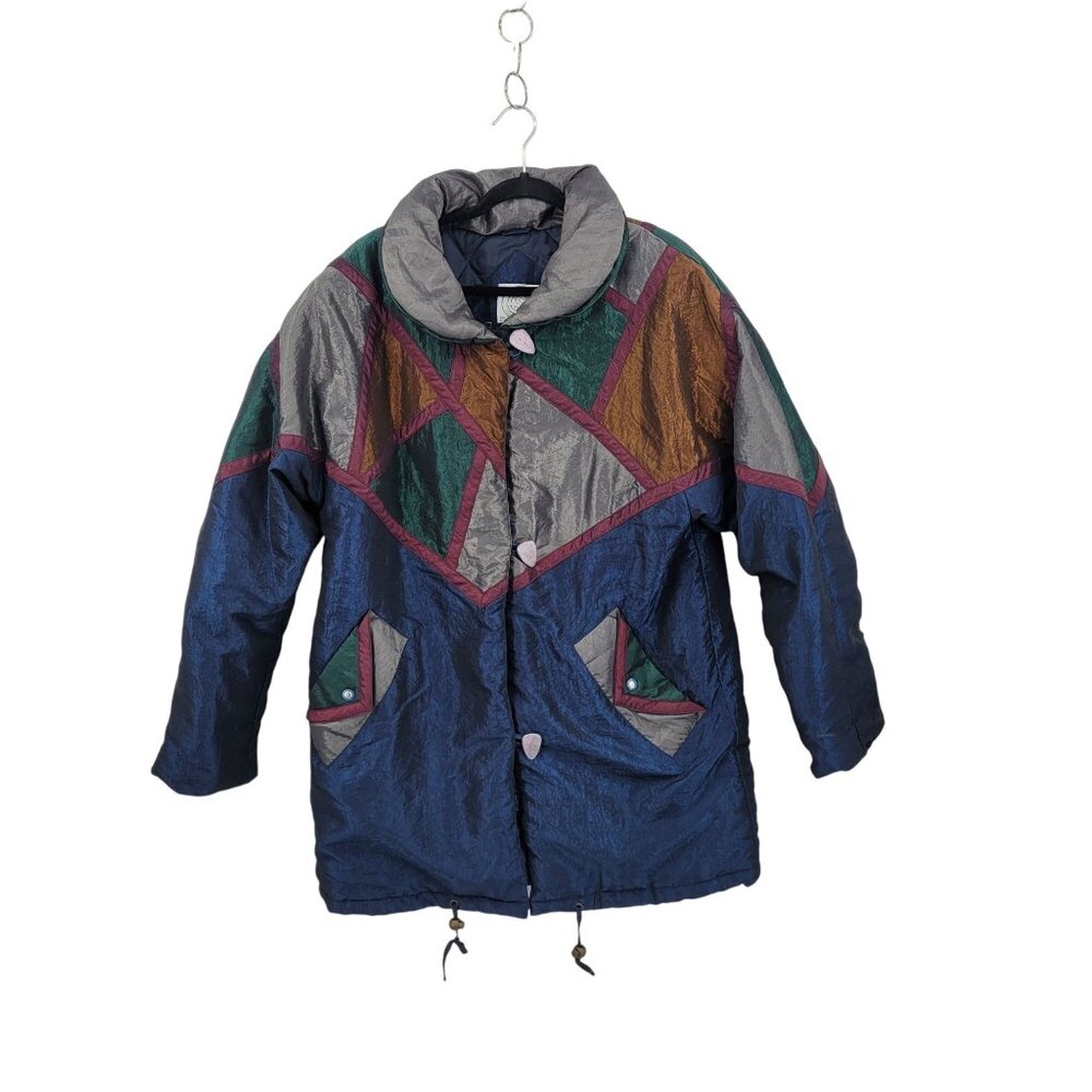Vtg 80s Colorblock Nylon Winter‎ Jacket Coat Sz M Metallic Multicolor Geometric